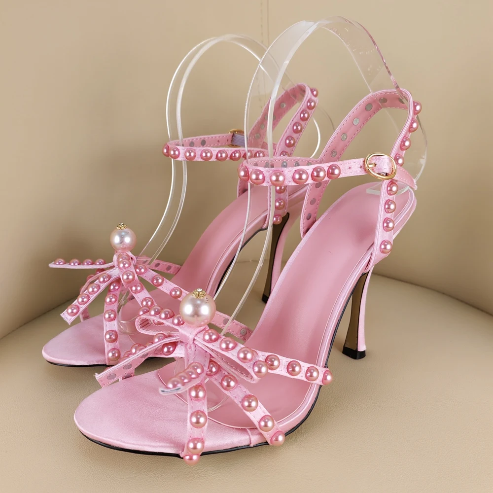 

Pink Pearl Stiletto Sandals Open-Toe Buckle Soft Leather High Heels Comfortable Banquet Party Women Shoes Sandalias Mujer Verano