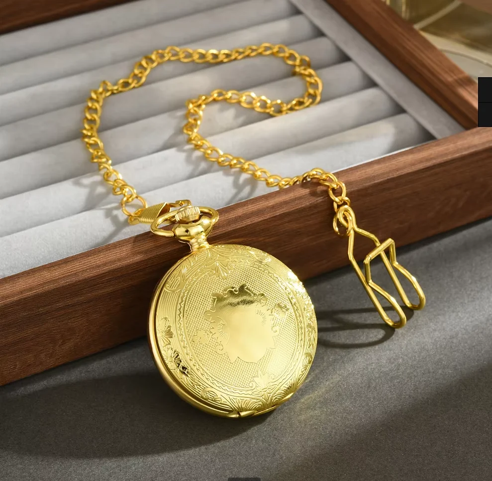 Relógio de Bolso de Quartzo com Números Romanos Dourados, Elegante, com Corrente Grande, Presente
