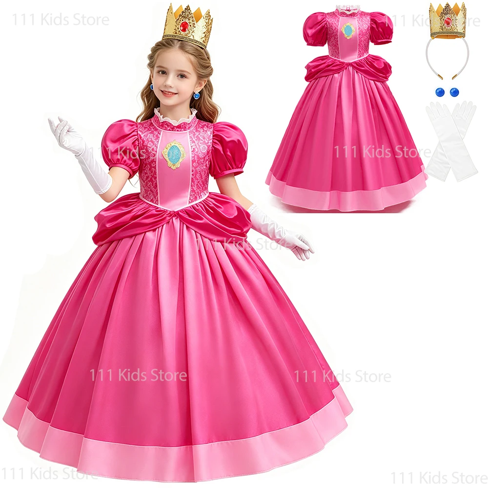 Hot Movie Superbro Pink Princess Peach Short Sleeve Clothing Girls Cosplay Performance Dress+Accessories Set Summer Party Dress