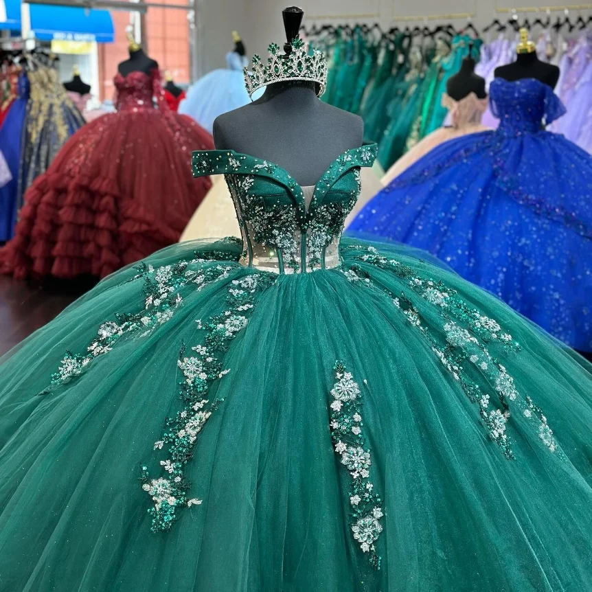 Emerald Green Luxury Princess Quinceanera Dresses Glitter Off Shoulder Cathedral Train Crystal Applique Beaded vestido de xv