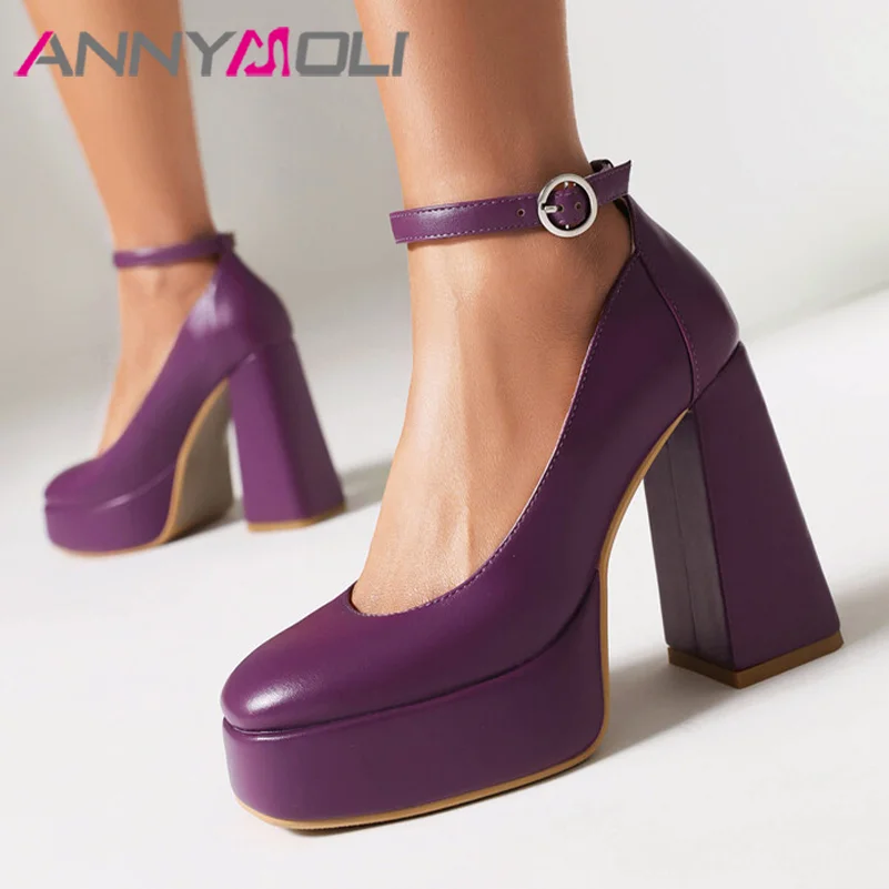 

ANNYMOLI Women Pu Leather Pumps Platform Super High Hoof Heels Round Toe Ankle Strap Buckle Party Concise Spring Autumn Shoes