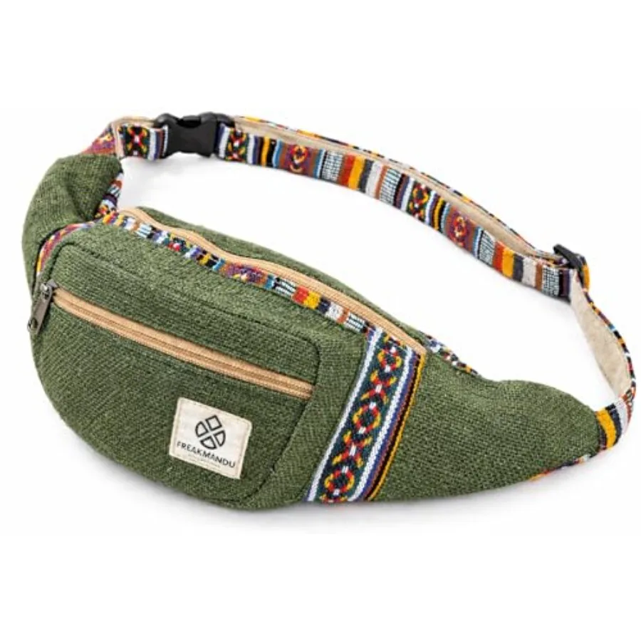 Freakmandu Eco-Friendly Green Boho Hippie Style Hemp Fanny Pack Cross Body Hip Waist Bag for Hiking Running Jogging