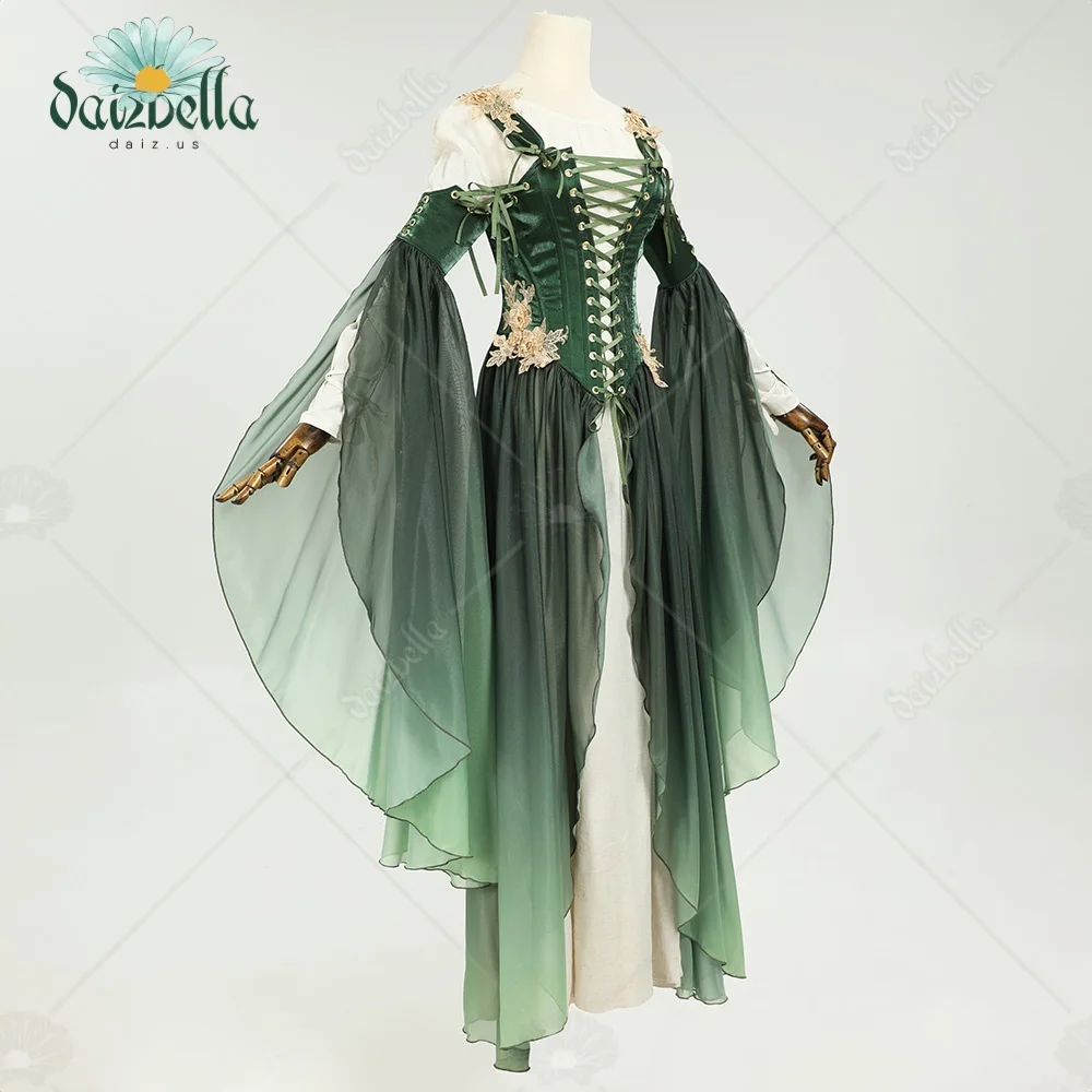 DAIZBELLA disfraz renacentista Medieval para mujer, estilo elfo, solo vestido verde con mangas, disfraz de Cosplay para Halloween