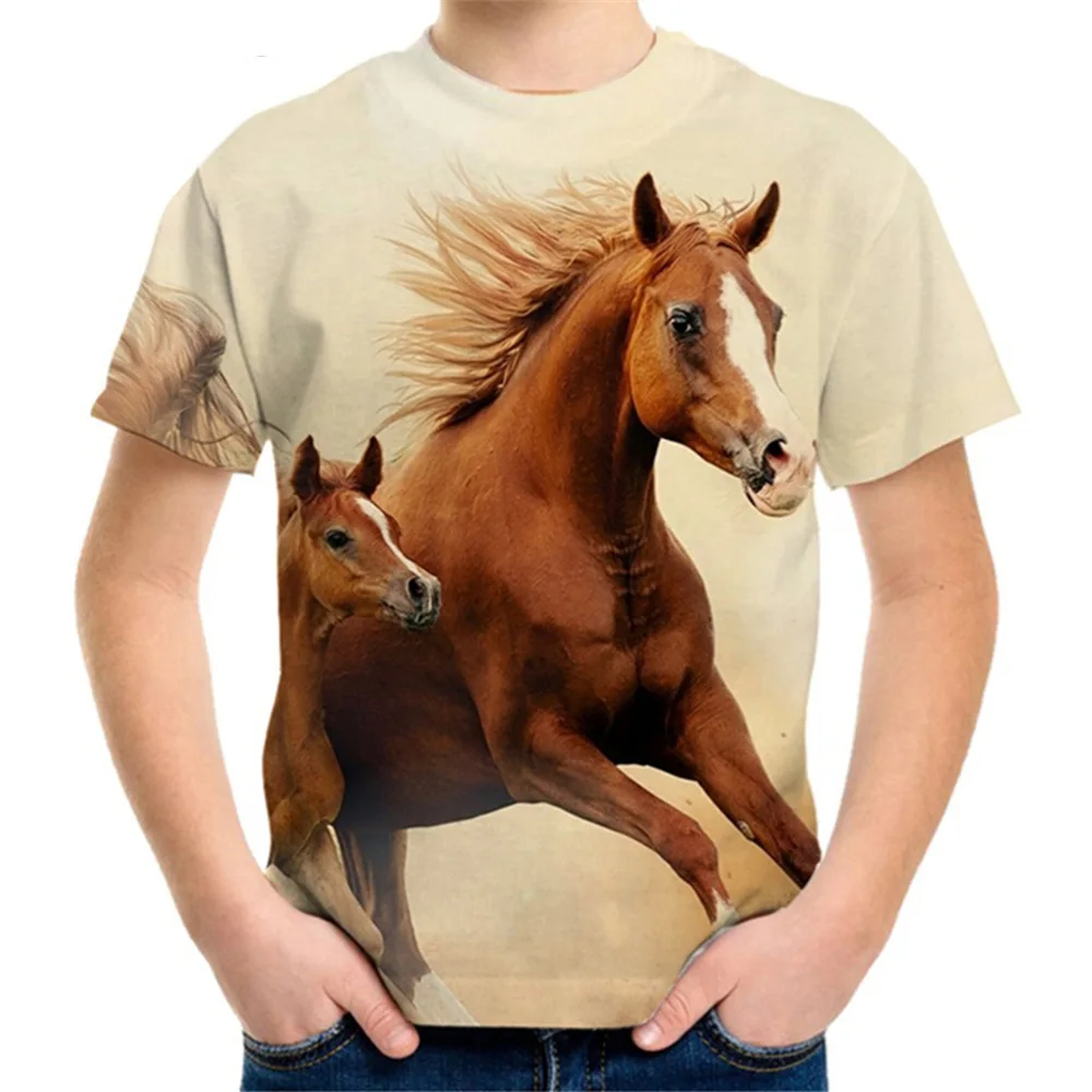 2024 Kids Clothes Children\'s Clothing Horse Print T-Shirt for a Boy Casual Baby Short Sleeves Tees Tops Children Summer Clothes