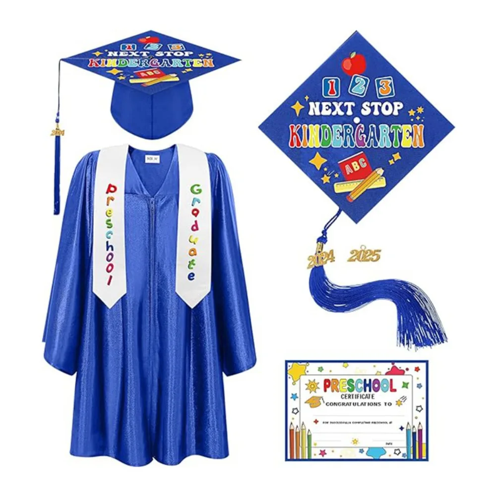 2025 Neues Doktoruniform-Abschlusskleid, Bachelor-Uniform, gestrickt, mehrfarbig, für Grundschüler, Performance-Anzug