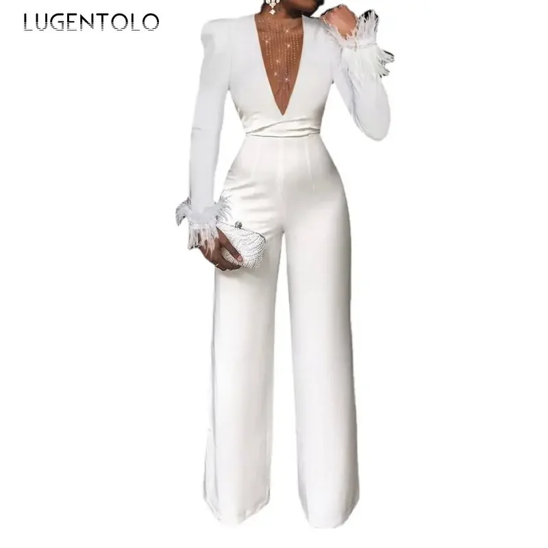 Women Sexy Jumpsuit Perspective Mesh Neckline Round Neck Long Sleeve White Lady Elegant Tassel New Spring Thin Clothing