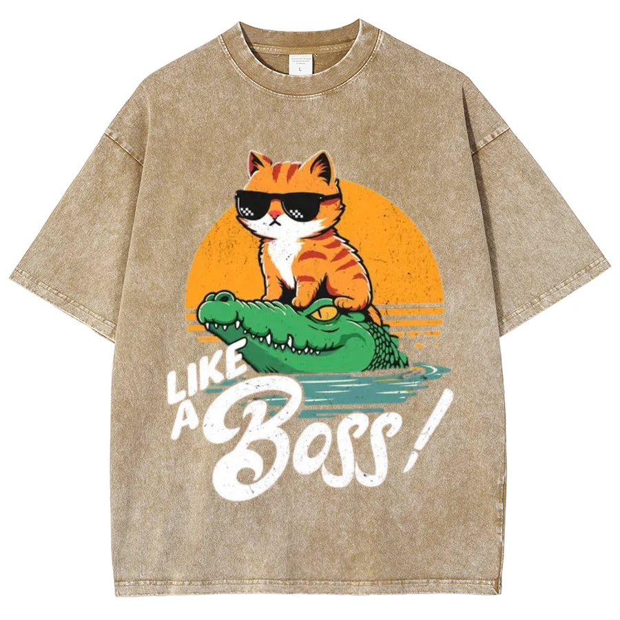 

Boss Cat Shirts Graphic Tees y2k Women Vintage Washed T-shirt Versatile Casual Loose Cotton Soft Comfortable O-Neck T Shirt