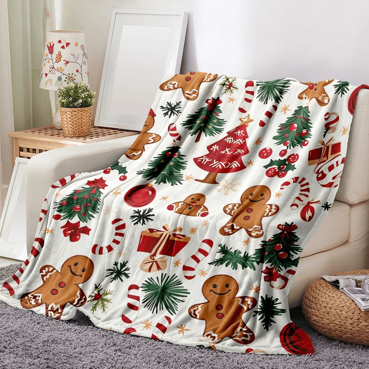 Christmas Blanket, Ultra-Soft Flannel Throw, Gingerbread Wonderland Print, Festive Holiday Decor