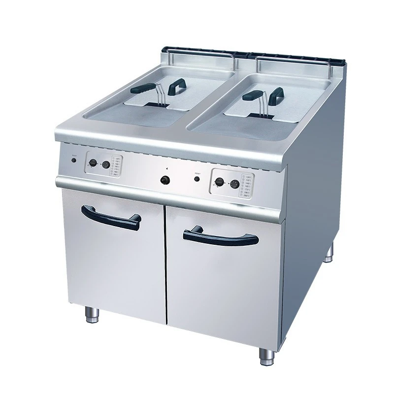 Vertical Gas Commercial Fryer High Power Large Capacity Double Tank Double Basket Deep Fryer With Cabinet Base