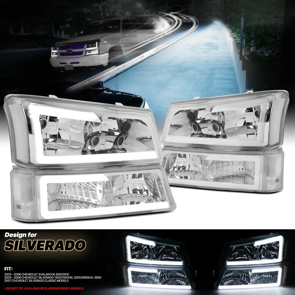 

[LED LIGHT BAR DRL]Chrome Headlight Bumper Lamp for 03-06 Silverado 1500-3500 4P