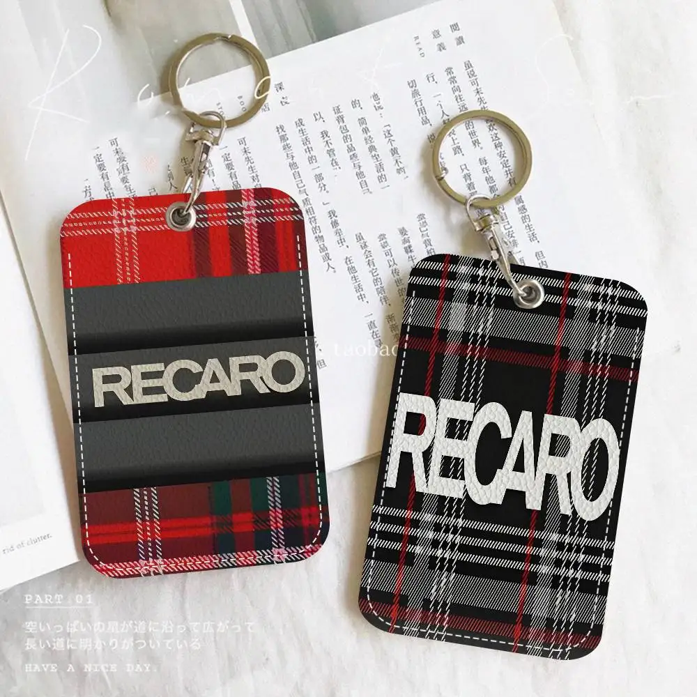 R-Recaros Logo Rectangle ID Card Case Keychain Access Card Bag Key Tag Ring Leather Card Holder Key Ring Access