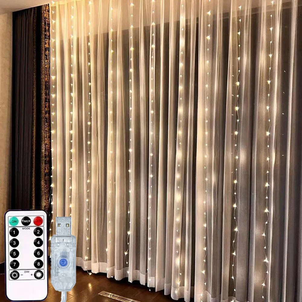 New Year2027 LED Curtain Lights USB Curtain Indoor String Lights 8 Modes for Roof Window Porch Halloween Christmas Decor Wedding