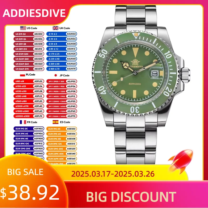 ADDIESDIVE-Reloj de cuarzo para Hombre, accesorio de pulsera de acero inoxidable, resistente al agua, superluminoso, de 41mm, 20bar, AD2054