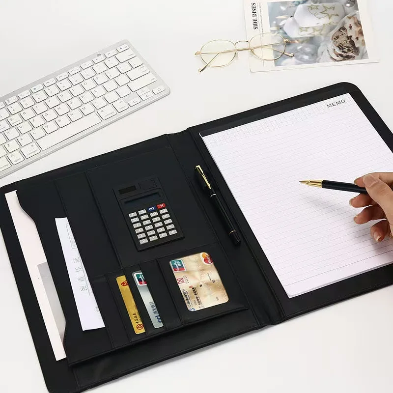 2025 multifuncional a4 pasta de arquivo de conferência negócios papelaria informações saco de couro contrato zíper clipe de armazenamento de documentos