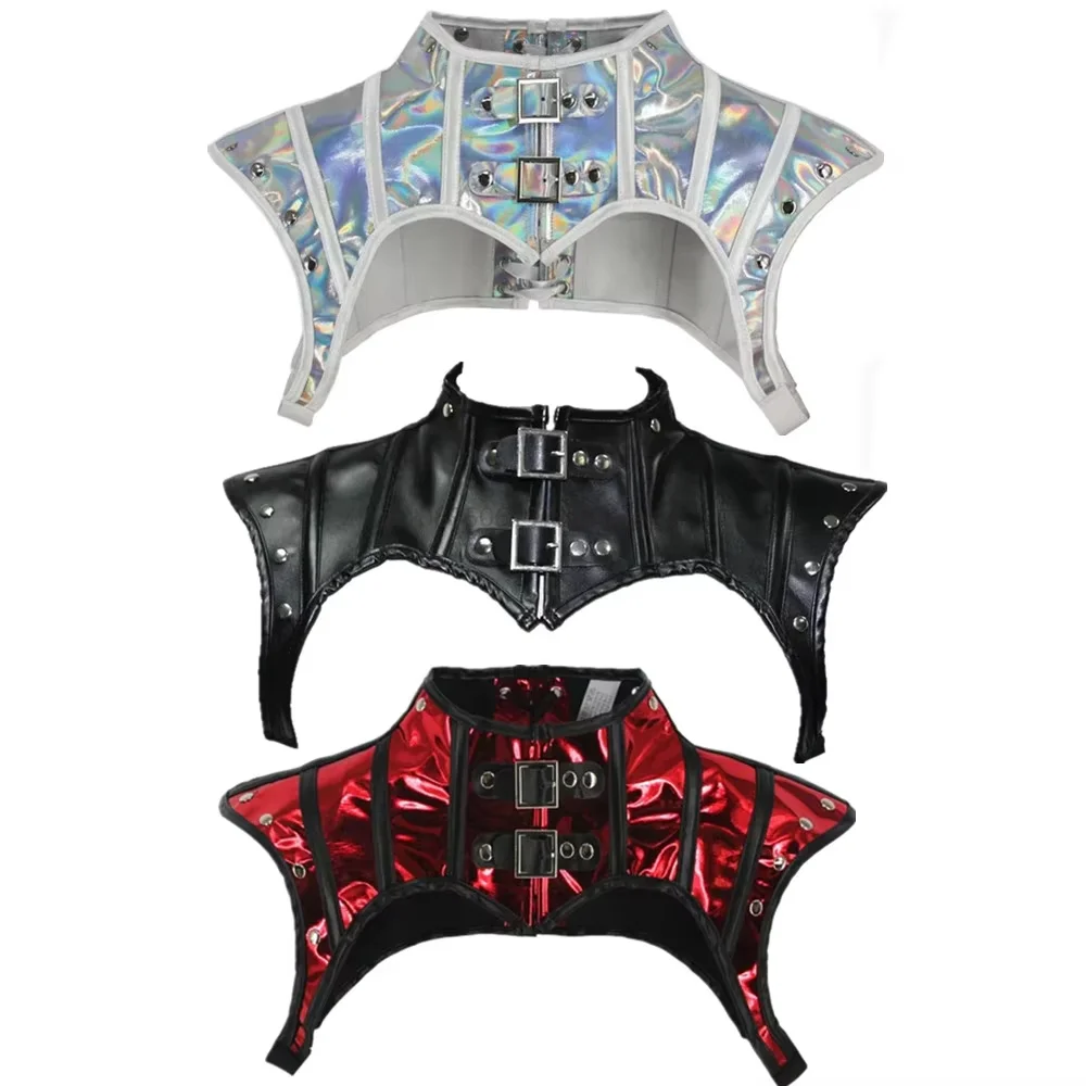 

Gothic Punk Cosplay Shawl High Neck Drawstring Back Retro Shawl Medieval PU Leather Halloween Corset Crop Top Costumes