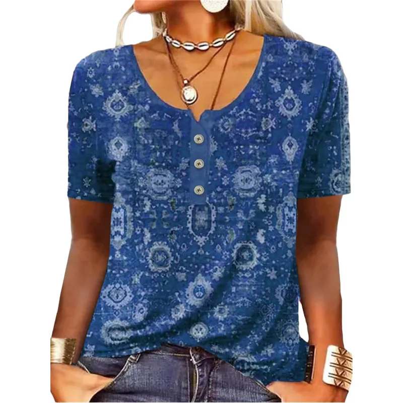 Elegant Shirts For Women Short Sleeve Fashion Ethnic Style Loose Retro Casual Button Blouses 3D Flower Print Loose Summer Tops