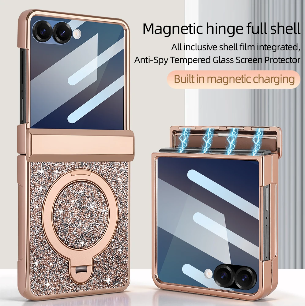 

Модный магнитный чехол-накладка с блестками для Galaxy Z Flip 7/6 из искусственной кожи с подставкой и защитной пленкой для конфиденциальности в комплекте