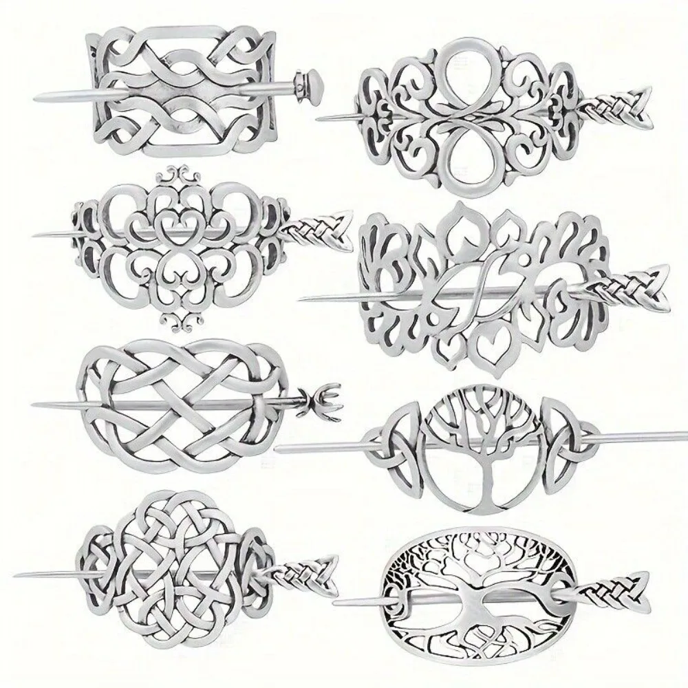 8PCS Hair Clips, Viking Celtic Hair Sticks, Celtic Knot Hairpin, Retro Silver Vintage Metal Hair Barrette, Viking Jewelry Clip