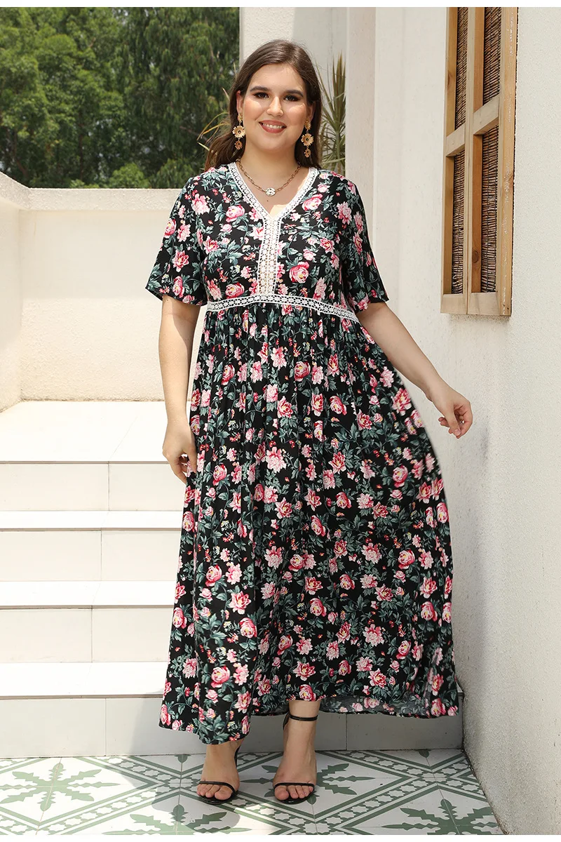 

High Quality Luxury Design Dress 2024 Elegant Waist V-neck Printed Elastic Waist Maxi Sexy Dress Bohemian Women Clothing Vestido