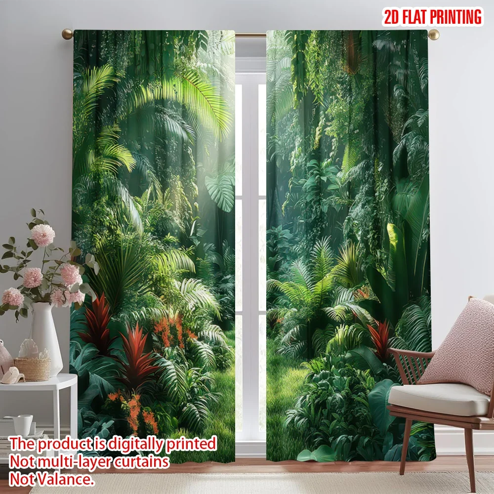 

2D flat printing 2pcs Window Curtains Lush Tropical Jungle Scene Digital Printed Polyester Drapes Holiday Decorations for New