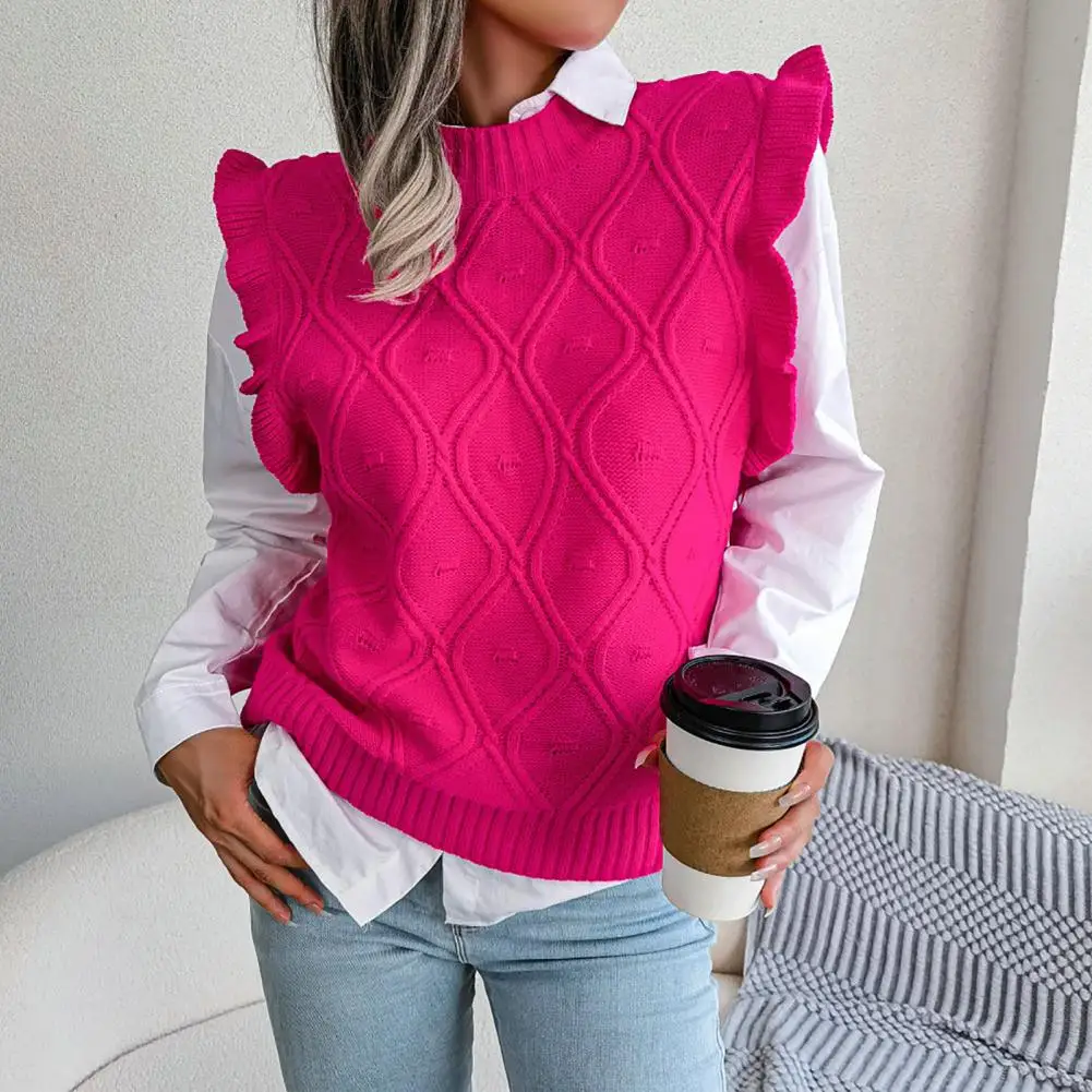 Women Autumn Winter Warm Sleeveless Knitted Sweaters O-Neck Solid Color Rhombus Pattern Ruffle Cuffs Sweater Vest Female Tops