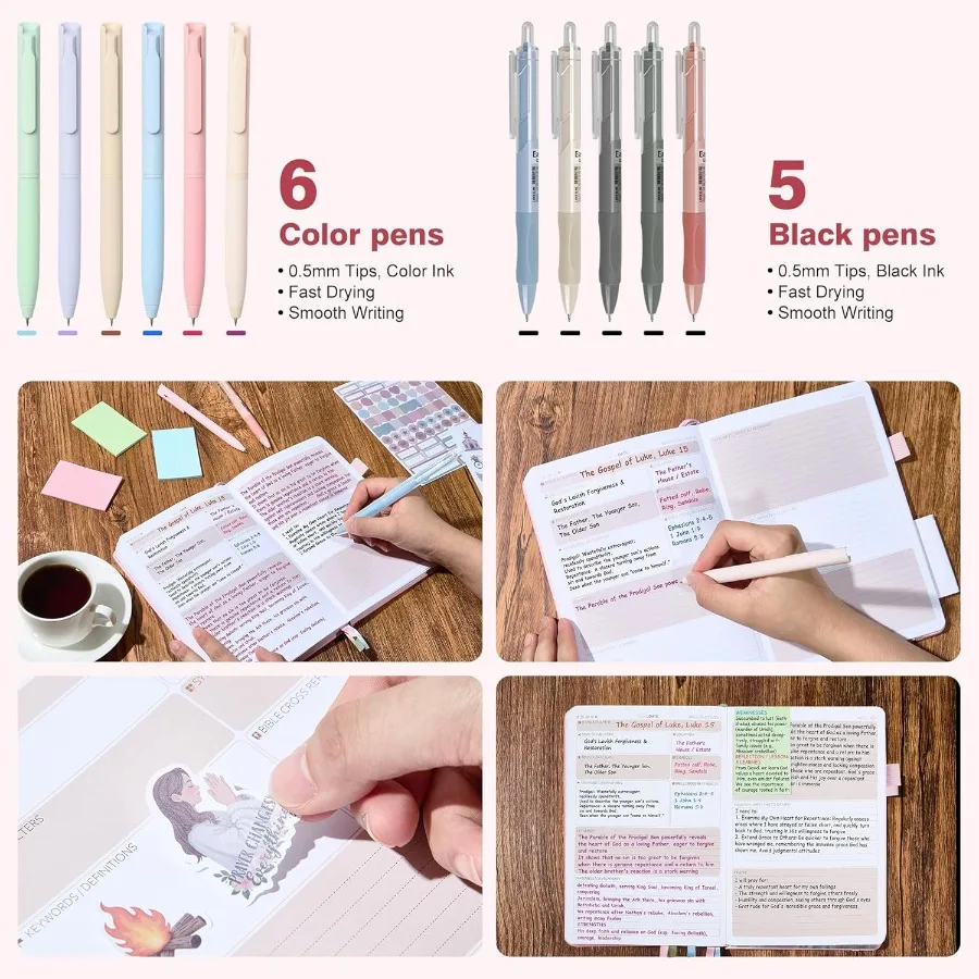 성경 공부 저널 세트 기독교 성경 공부 키트 (가이드형 A5 저널, 펜 11개, 스티커 메모 및 스티커, 묵상, 신앙 기반 선물 포함)