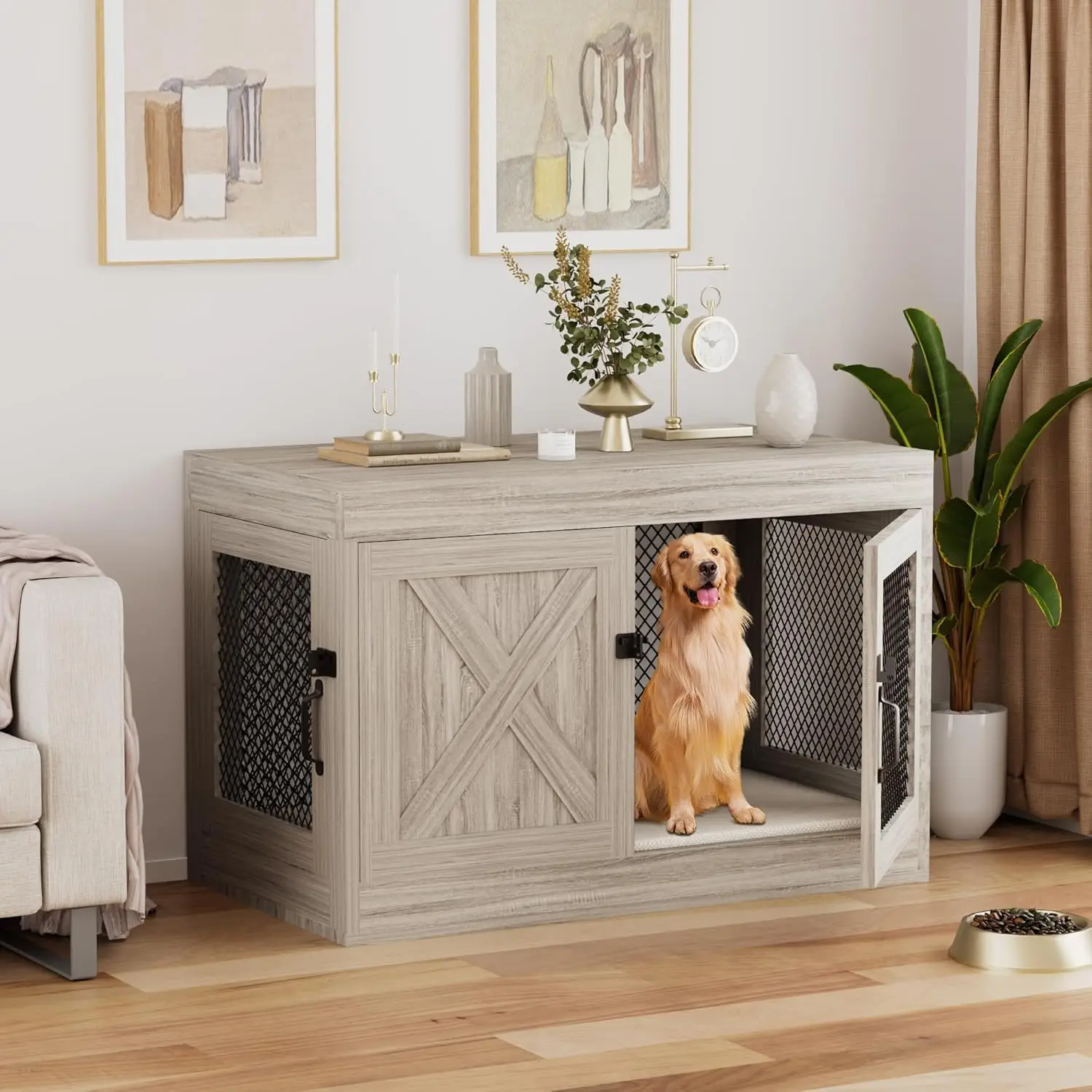 

Corner Dog Crate Furniture with Double Doors, 36 Inch Wooden Dog Kennel End Table Indoor with Mesh, Cage/House