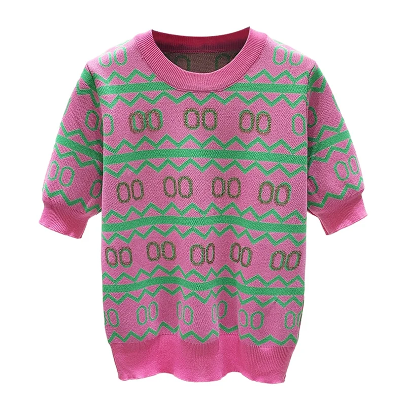 2023 letnie diamenty frezowanie kobiet sweter cienkie dzianiny z krótkim rękawem wokół szyi lodowy jedwab swetry swetry stylowe modny Top