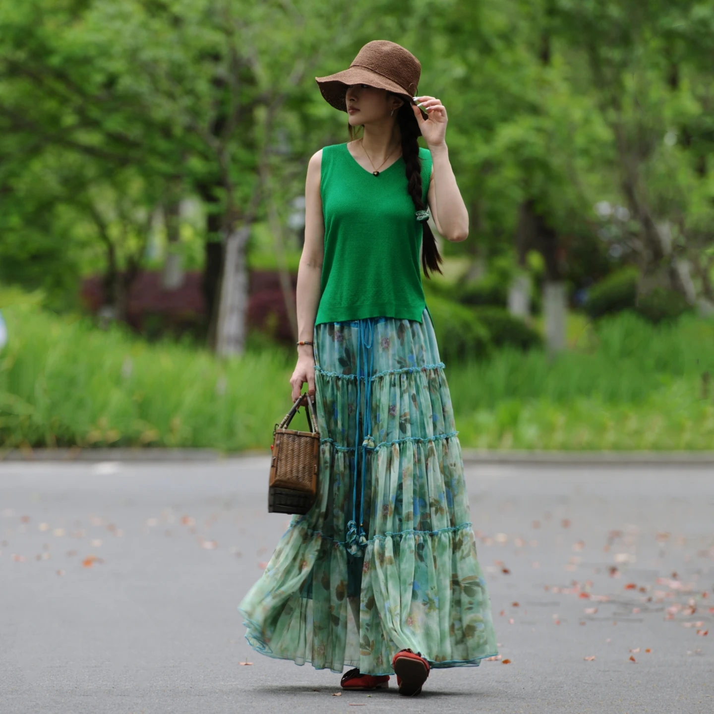 

TIYIHAILEY Long Chiffon Floral Printed Maxi Boho Skirts For Women Bohemian S-XXL Summer Elastic Waist Green 2025 High Quality