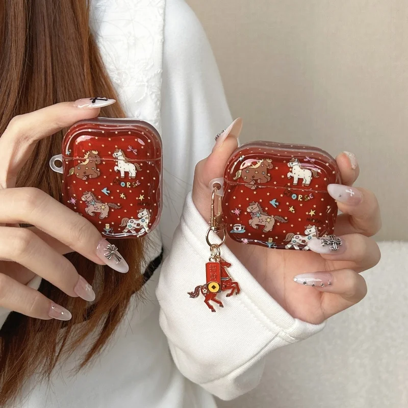 

Korean Cute Star Bowknot Horse Earphone Case For Apple Airpods 4 3 2 Pro 3 Cover with Pendant Silicone Headphone Charging Cases