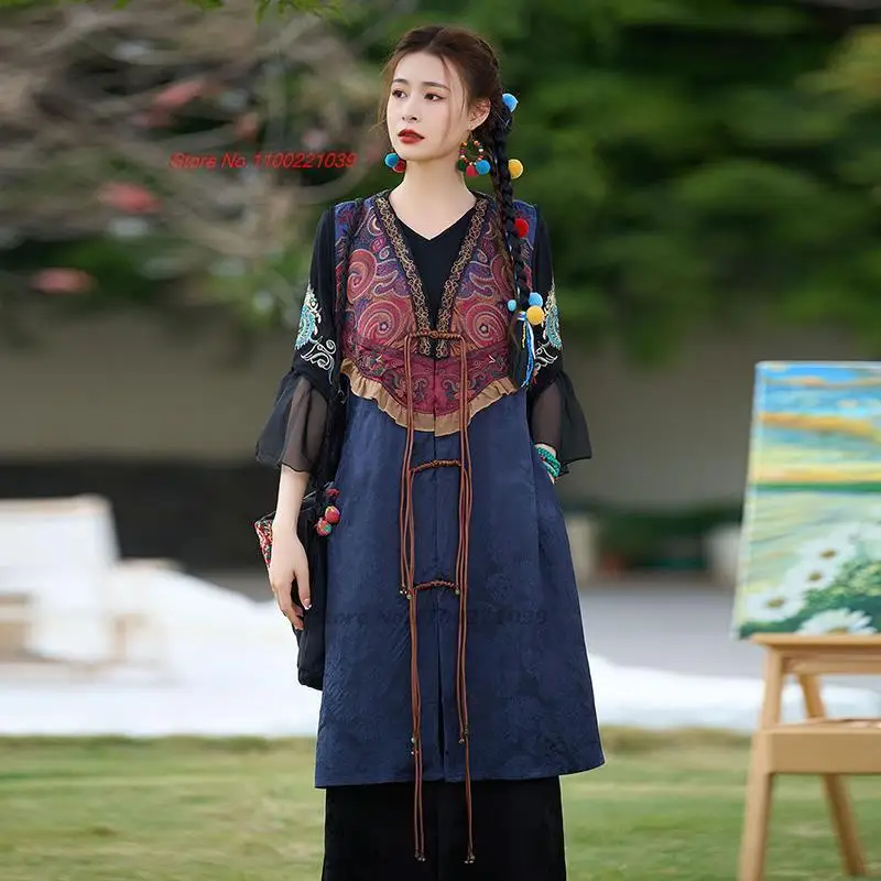 2024 chinese improved sleeveless dress ancient flower embroidery sundress retro patchwork dress oriental vintage folk dress