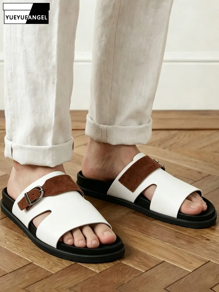 Summer Outside Fashion Mens Shoes Genuine Leather Slippers Open Toe Breathable Hollow Out Mixed Colors Non Slip Platform Slides