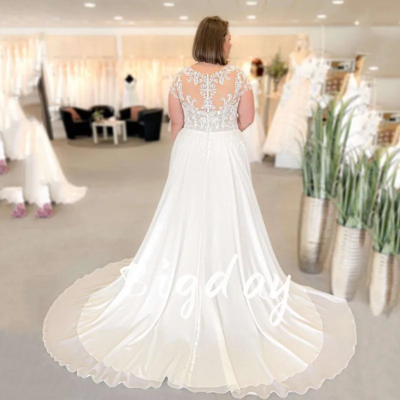 Elegant A-Line Wedding Dress Plus Size Women 2024 White Illusion Back Lace Cap Sleeve Tulle Train Bridal Gowns Vestidos De Noiva