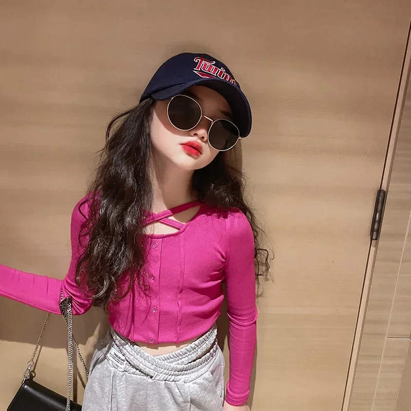 Spring Autumn Fashion Girls T Shirt Baby Tee Shirt Kids Crop Top Children Streetwear Cotton Cross Design Skinny Clothes 4-14 Yrs