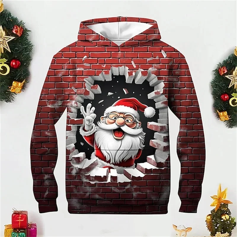 

3D Printed Funny Christmas Hoodie For Men Cool Santa Claus Pattern Long Sleeve Casual Sweatshirt Loose Pullover Unisex Hoodies