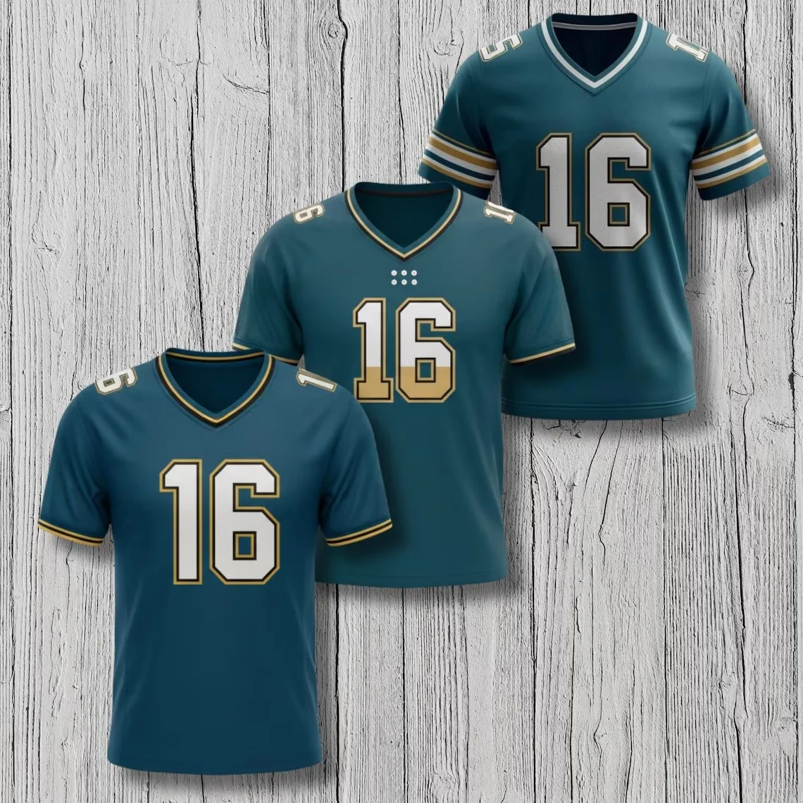 Custom Football V Neck Jersey Shirt Teal Gold Style All Over Print Tee Unisex Personalized Number Fan Game Day Sports Gift