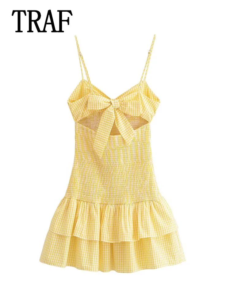 TRAF Women Plaid Mini Dress Fashion Yellow Sleeveless Bow Decorate Backless Dress Female Summer Beach Style Dresses