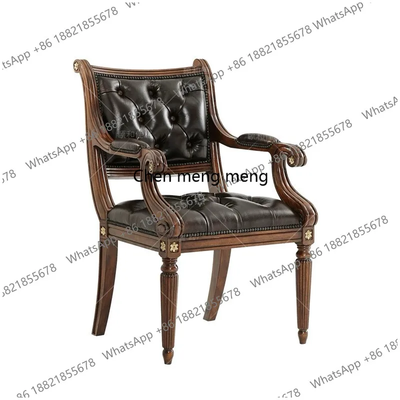 

American country solid wood single chair carved gold-painted leather buckle study chair villa hotel cafe armchair