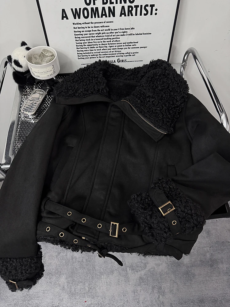 

Asymmetric Design Lamb Velvet Patchwork Large Fur Collar Slim Fit ort Cotton Jaet Women's Winter Outerwear Coat