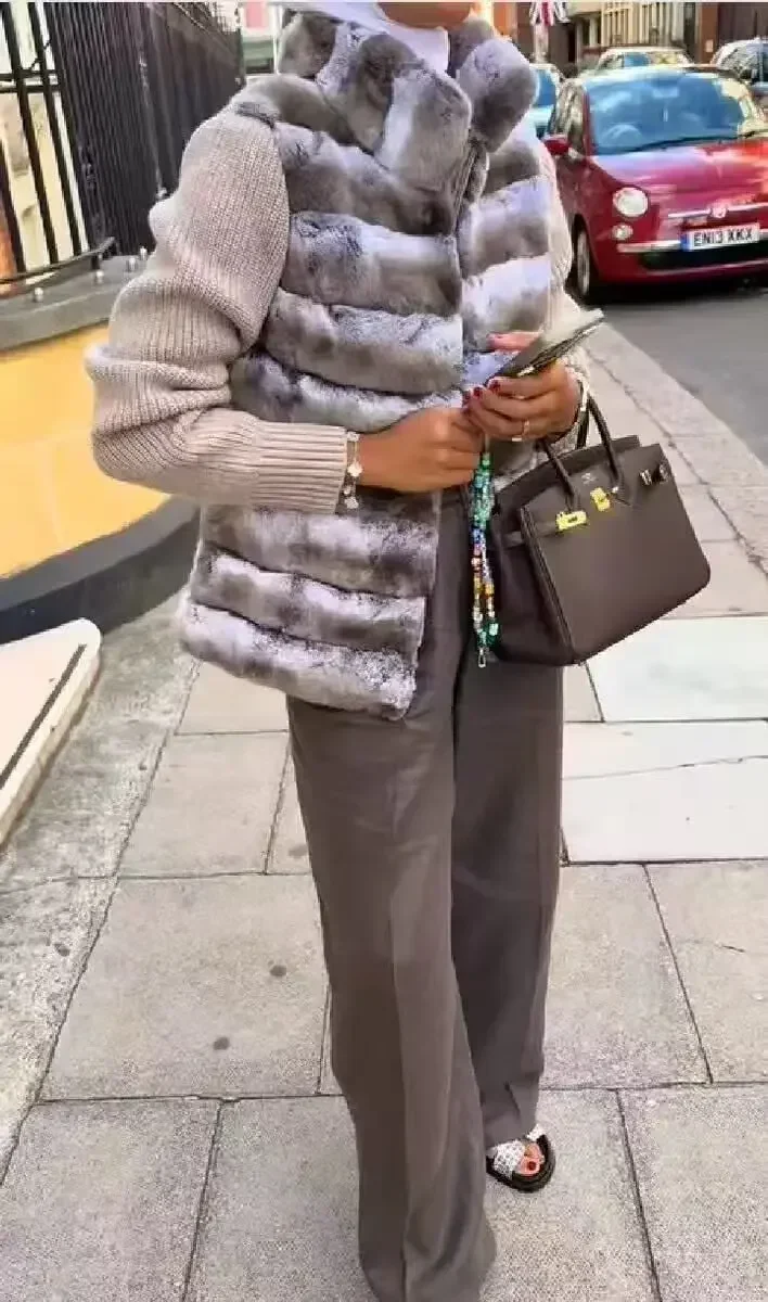 Stand Collar Knit Sleeve Patchwork Striped Faux Fur Jacket Loose Zipper Up Mid-length Coat 2026 Winter Fashion Lady Chic Outwear
