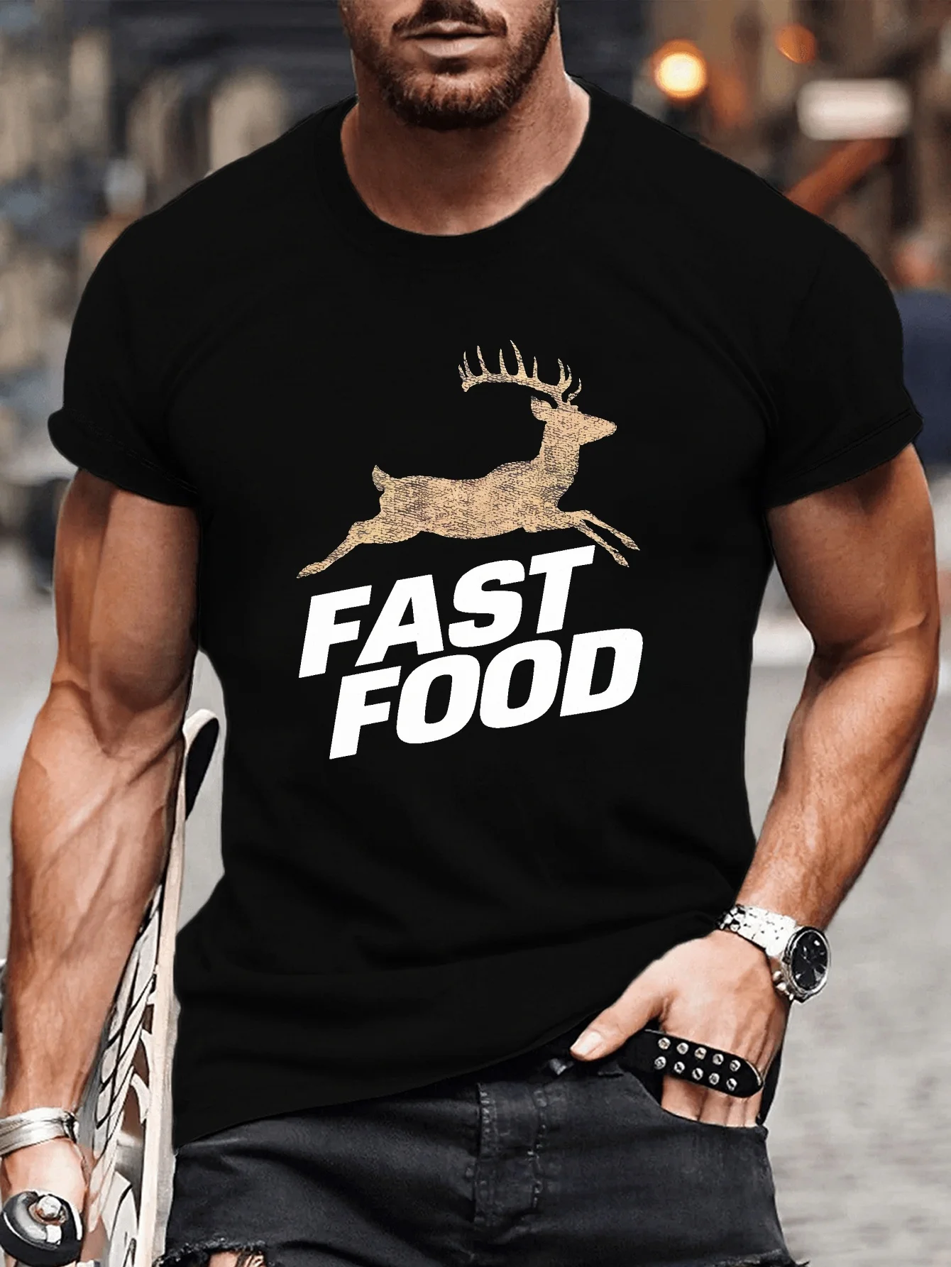 

Summer Casual Short Sleeve Tee Shirt, Deer Fast Food Print Tees For Men
