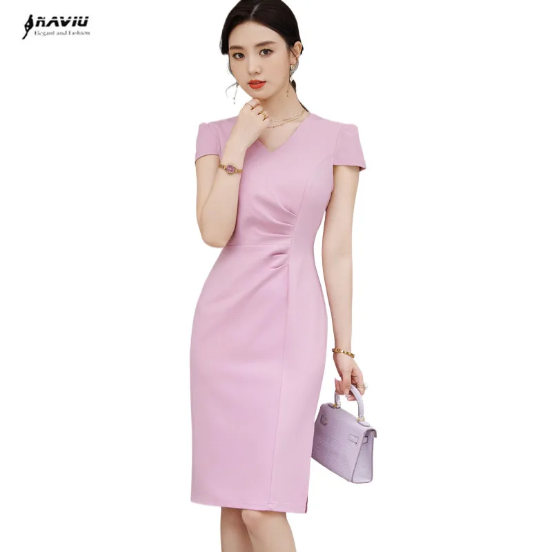 NAVIU Fashion Office V Neck Female Dress New Summer Slim Waist Elegant Evening Women Dresses Birthday Party Dress