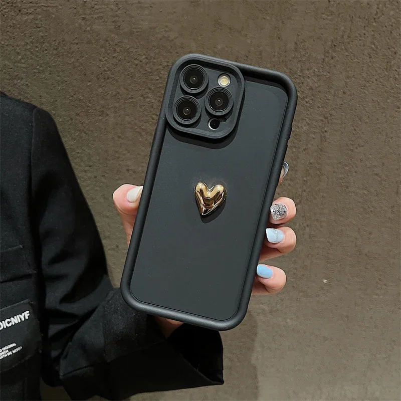 Luxury 3D Gold Heart Silicone Soft Phone Case For iPhone 16 E 15 14 13 12 11 Pro Max XS XR 7 8 Plus Shockproof Candy Matte Cover