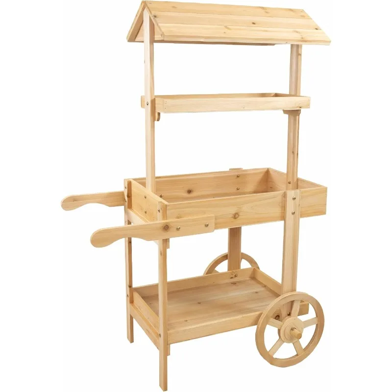 Sunnydaze Country Market Flower Cart Display Stand with Wheels - 2 Shelves - Fir Wood - 30 lb Weight Capacity - Natural Fir