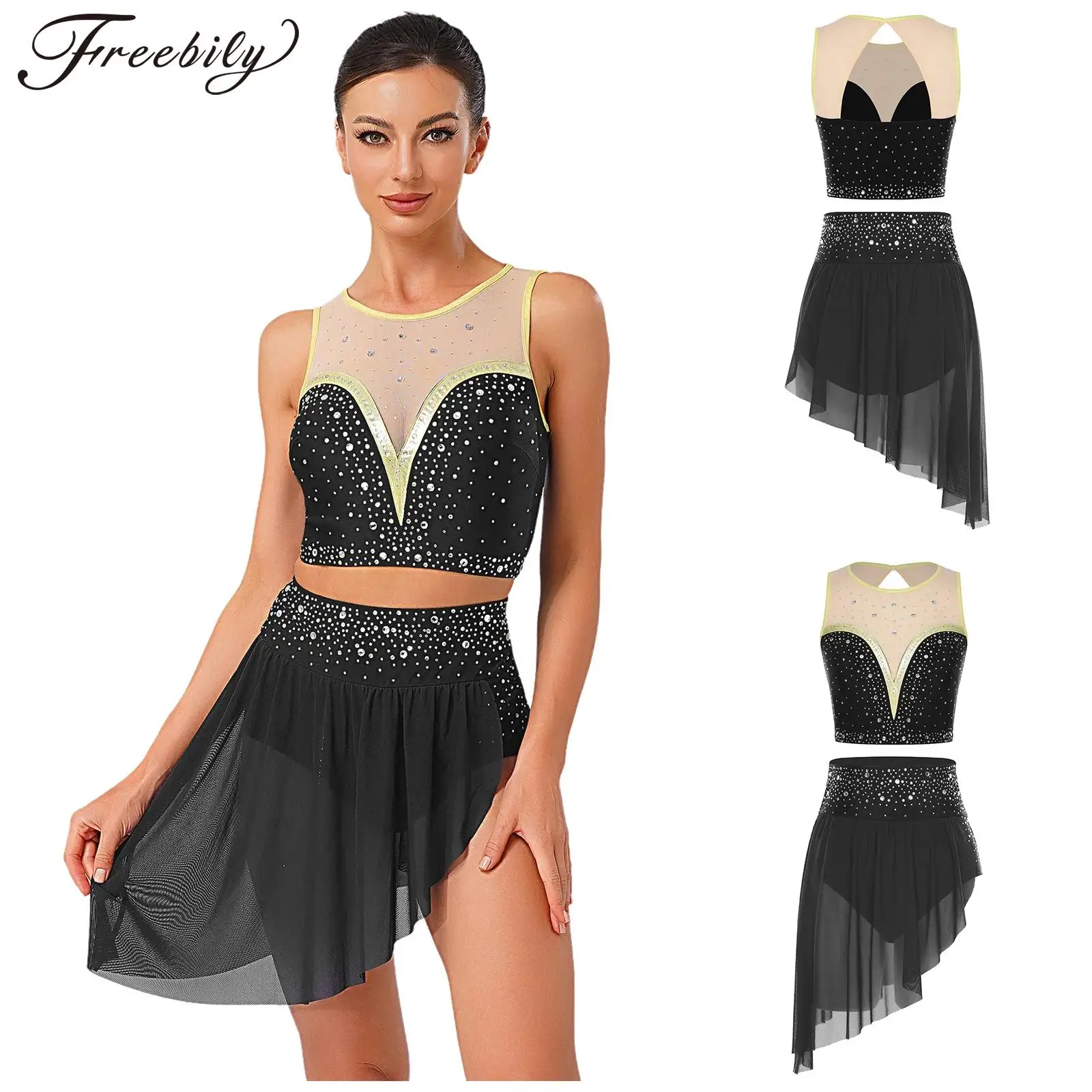 المرأة أداء الرقص الغنائي الزي المحاصيل القمم مع تنورة يوتار لامعة حجر الراين الحديثة الرقص الشكل التزلج زي