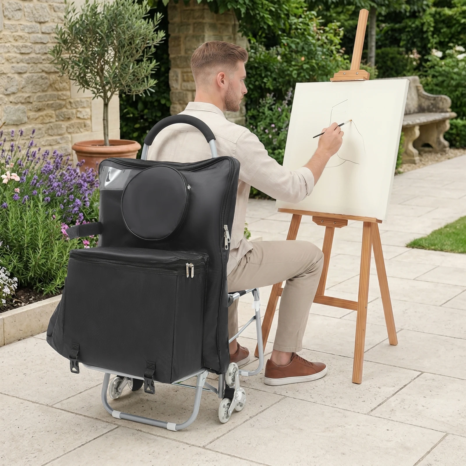 43*93cm Rolling Art Cart 3-Wheel Art Cart ,Folding Wheeled Portable Rolling Chair Art Cart with Oxford Cloth Seat & Storage Bag for Outdoor Painting, Sketching