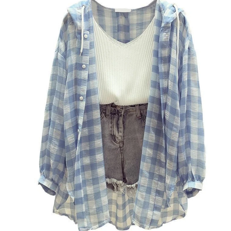 Plaid Hooded Shirt Women Tops Sunscreen Clothing Sport Jacket Korea Versatile Lattice Summer Design Loose Sunscreen Cardigan