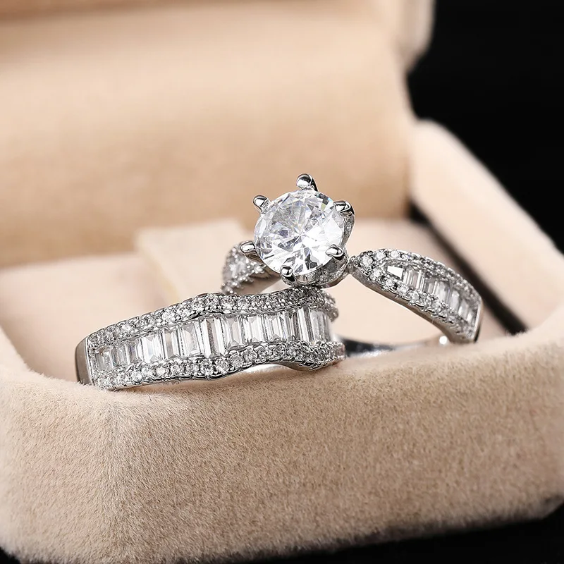 Luxury 2pcs Halo Bride Wedding Rings Set for Women Engagement Couples 925 Sterling Silver Clearance Sale Gift