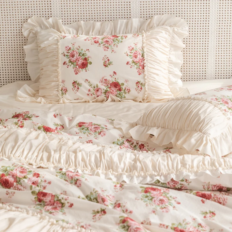 Imagem -03 - Rose Impressão Princesa Conjuntos de Cama Luxo Plissado Ruffle Lace Duvet Cover 100 Algodão Saia de Cama Colcha Fronhas