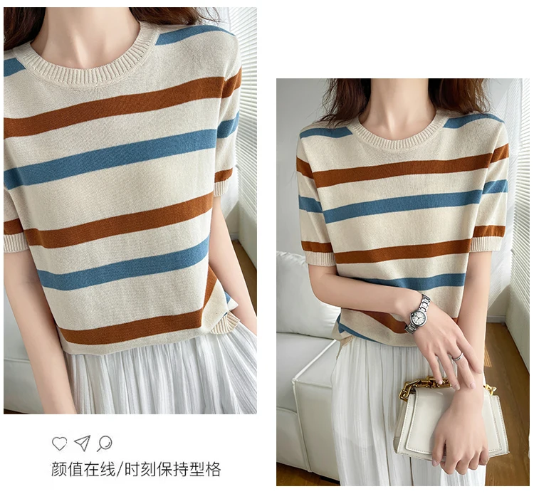 Damen T-Shirt Sommer 100% Baumwolle Pullover Kurzarm gestreift gestrickt Rundhals Damen Tops lose Bluse Pullover T-Shirts – Detail 3